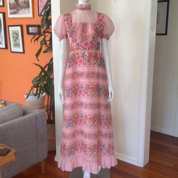 Vintage Pink Floral Victorian Style High Neck Maxi Dress Size Small - Picture 2 of 16